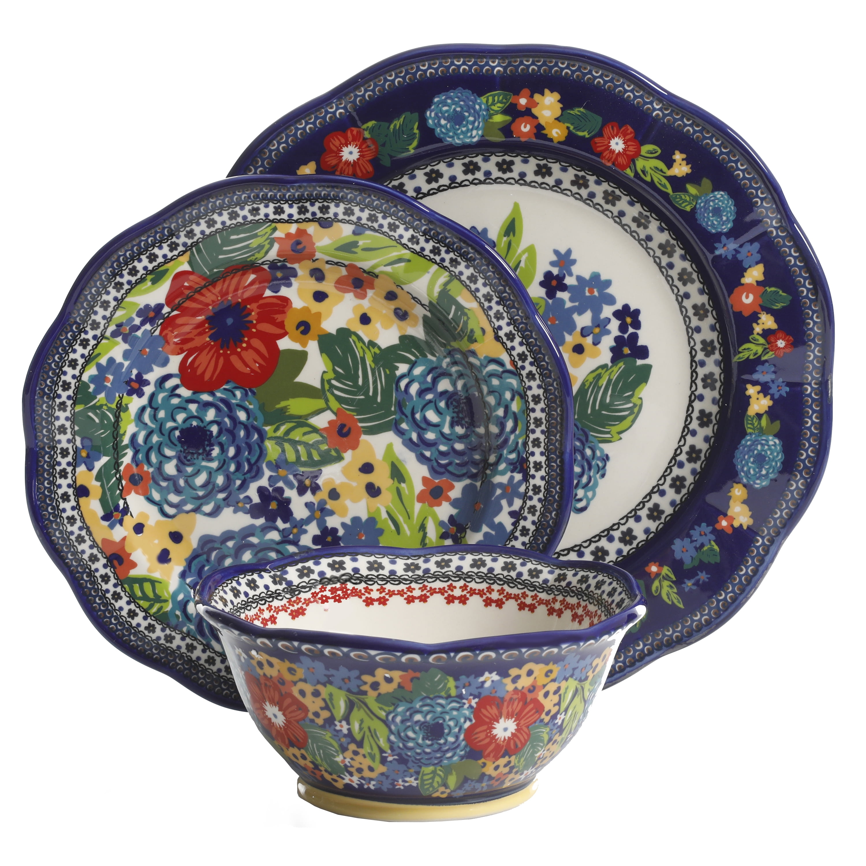 The Pioneer Woman Dazzling Dahlias 12-Piece Dinnerware Set, Cobalt