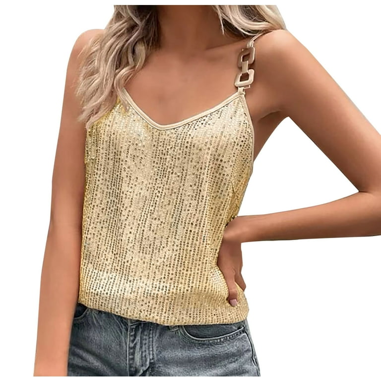 XFLWAM Womens Sequin Cami Top V Neck Strappy Sparkle Camisole