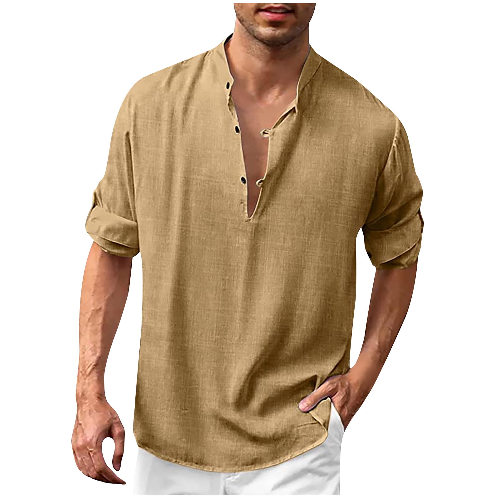 gakvbuo Cotton Linen Henley Shirts For Men Summer Tops Baggy