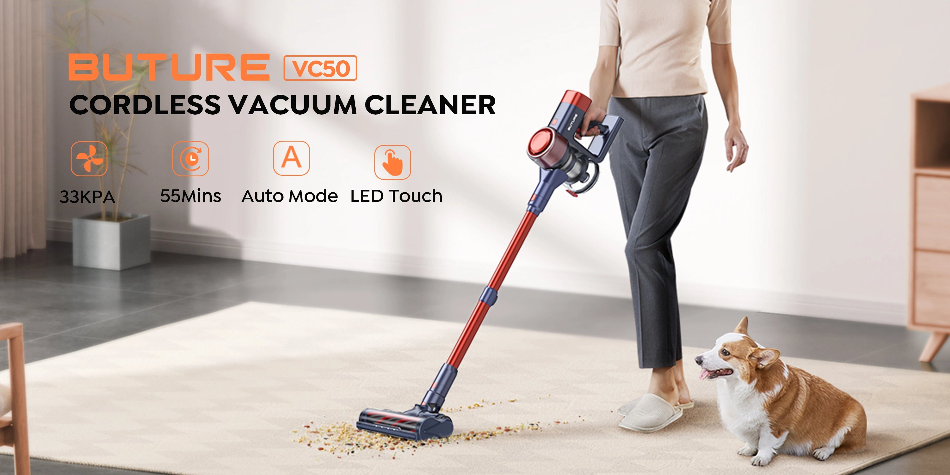 Buture VC50 Cordless Vacuum Cleaner | 33Kpa, Red