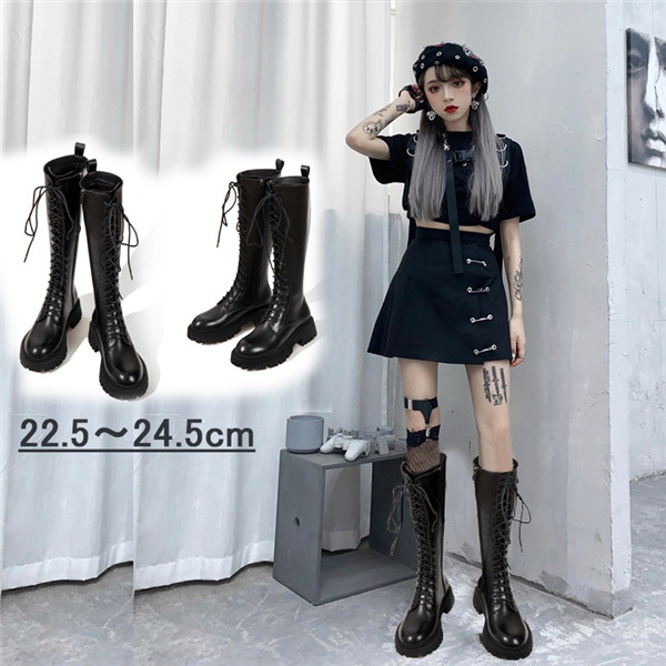 送料無料】編み上げブーツ ロングブーツ 靴 ヒール5cm 春秋 ブラック