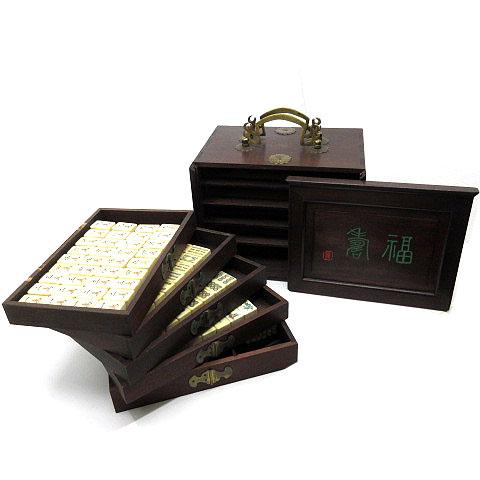 中古】背竹 骨牌 麻雀牌 唐木箱 在銘入り 装飾金具 サイコロ 点棒付き