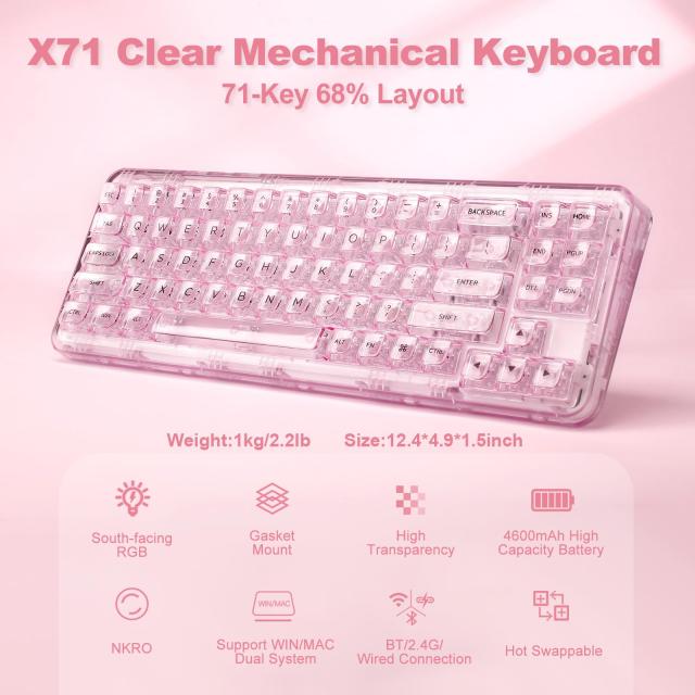 YUNZII X71 メカニカルゲーミングキーボード 透明キーキャップ 71キー