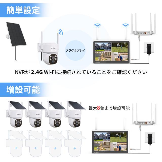VORGUT 防犯カメラ 屋外 ソーラー 4台 モニター付き 監視カメラ