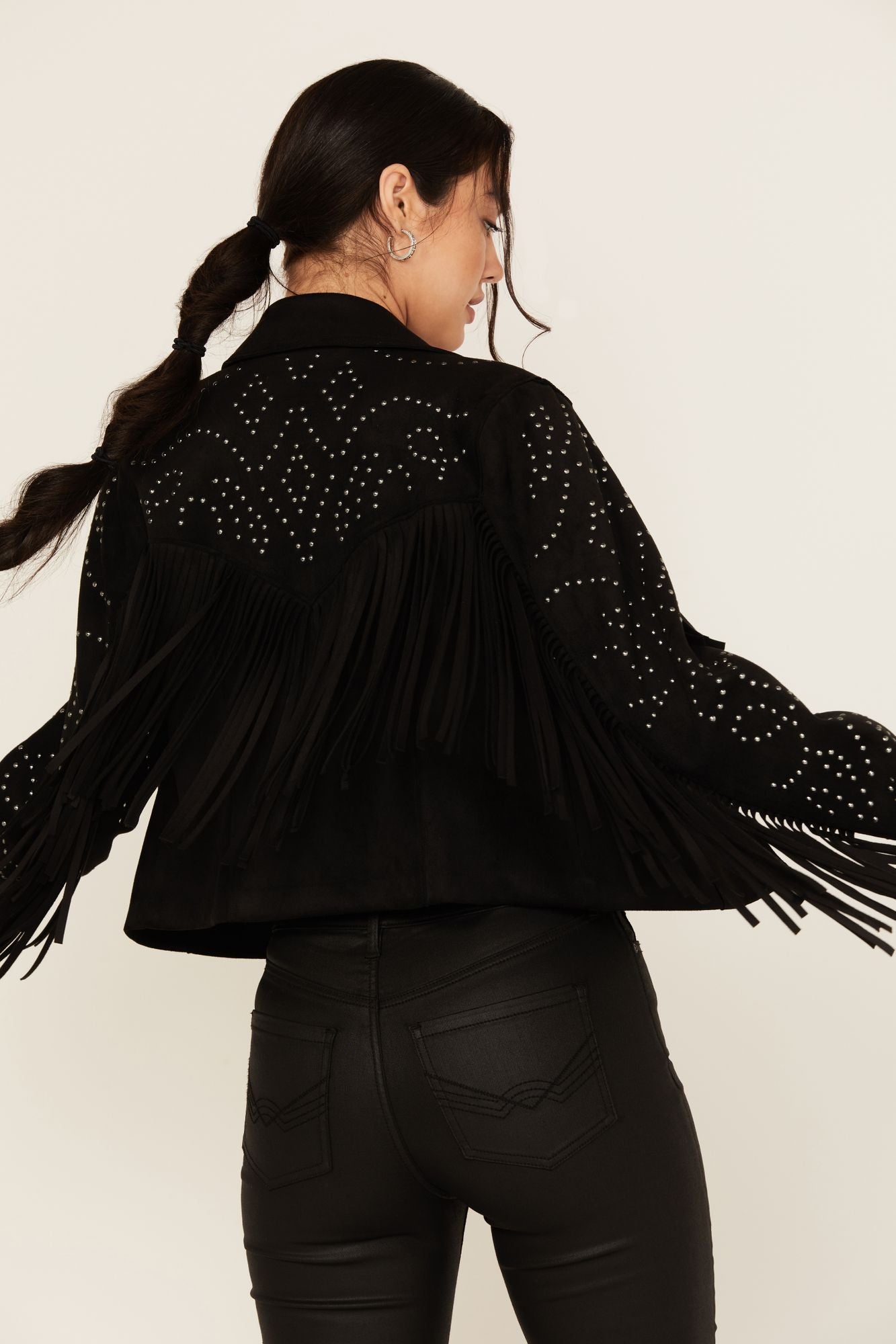 Blair Fringe and Studded Faux Suede Snap Jacket
