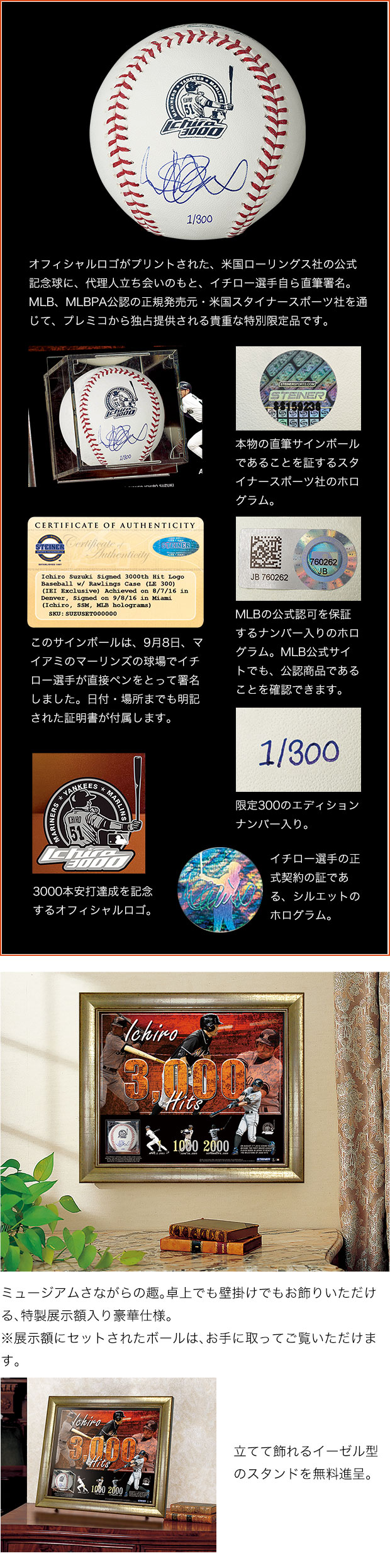 公式】MLB3000本安打達成記念 イチロー直筆サインバット 豪華展示額