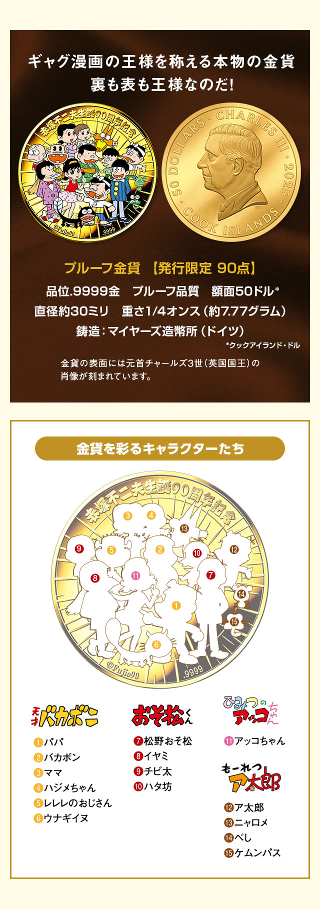 赤塚不二夫 生誕90周年記念 純金製 公式カラー貨幣／プレミアム
