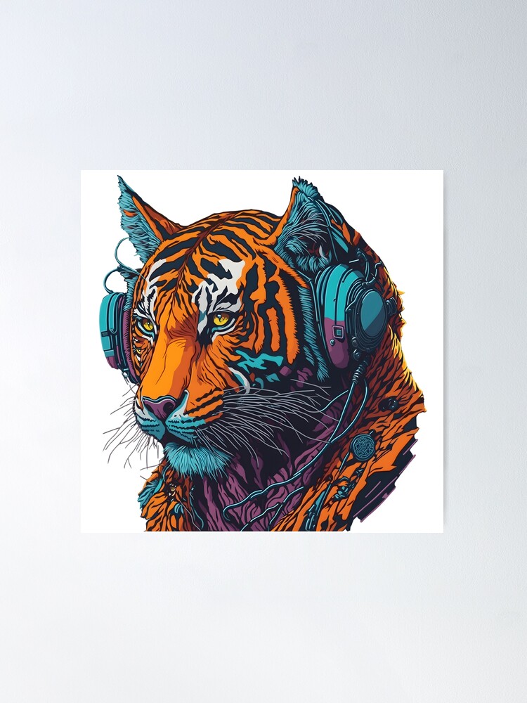 Cool Anthropomorphic DJ Tiger with Headphone Street Art Graffiti