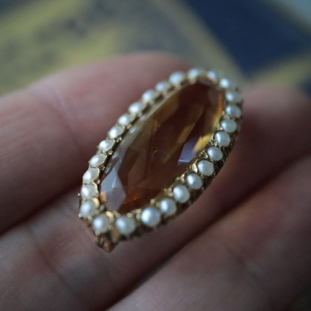 ヴィクトリアンブローチ マーキスカットシトリン＋シードパール