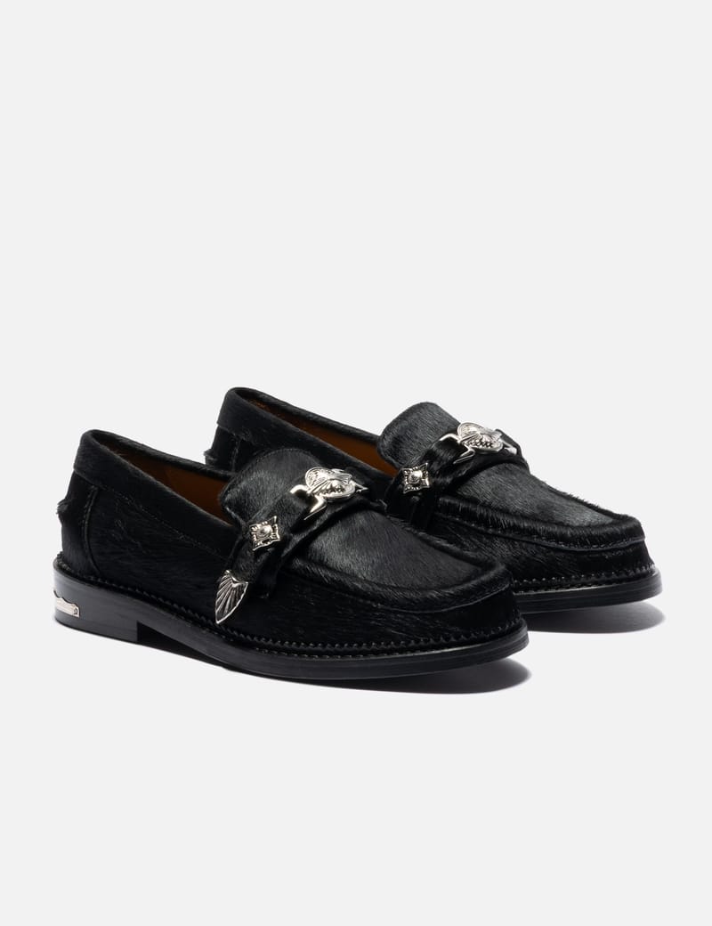 Toga Pulla Loafer - Black leather slip-on loafer with silver-trim