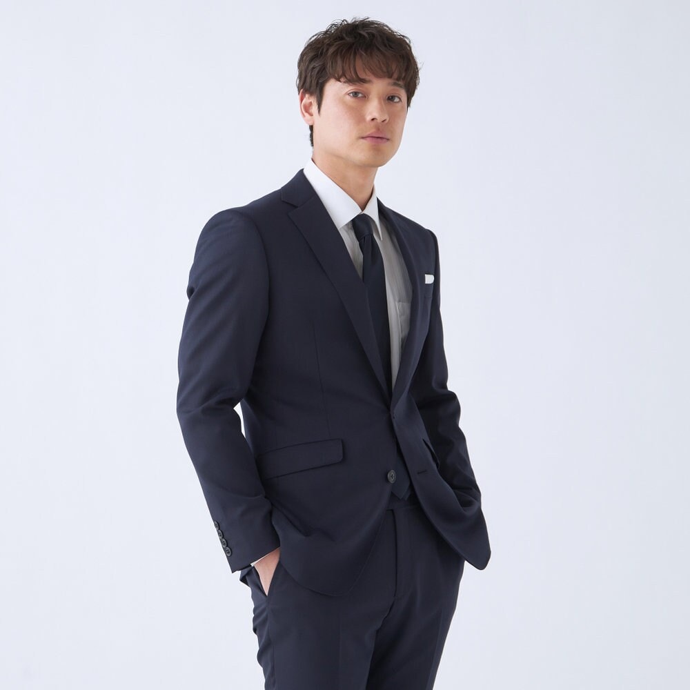 オールシーズン】2釦ノータックスーツ ネイビー無地 ウエストムーブ