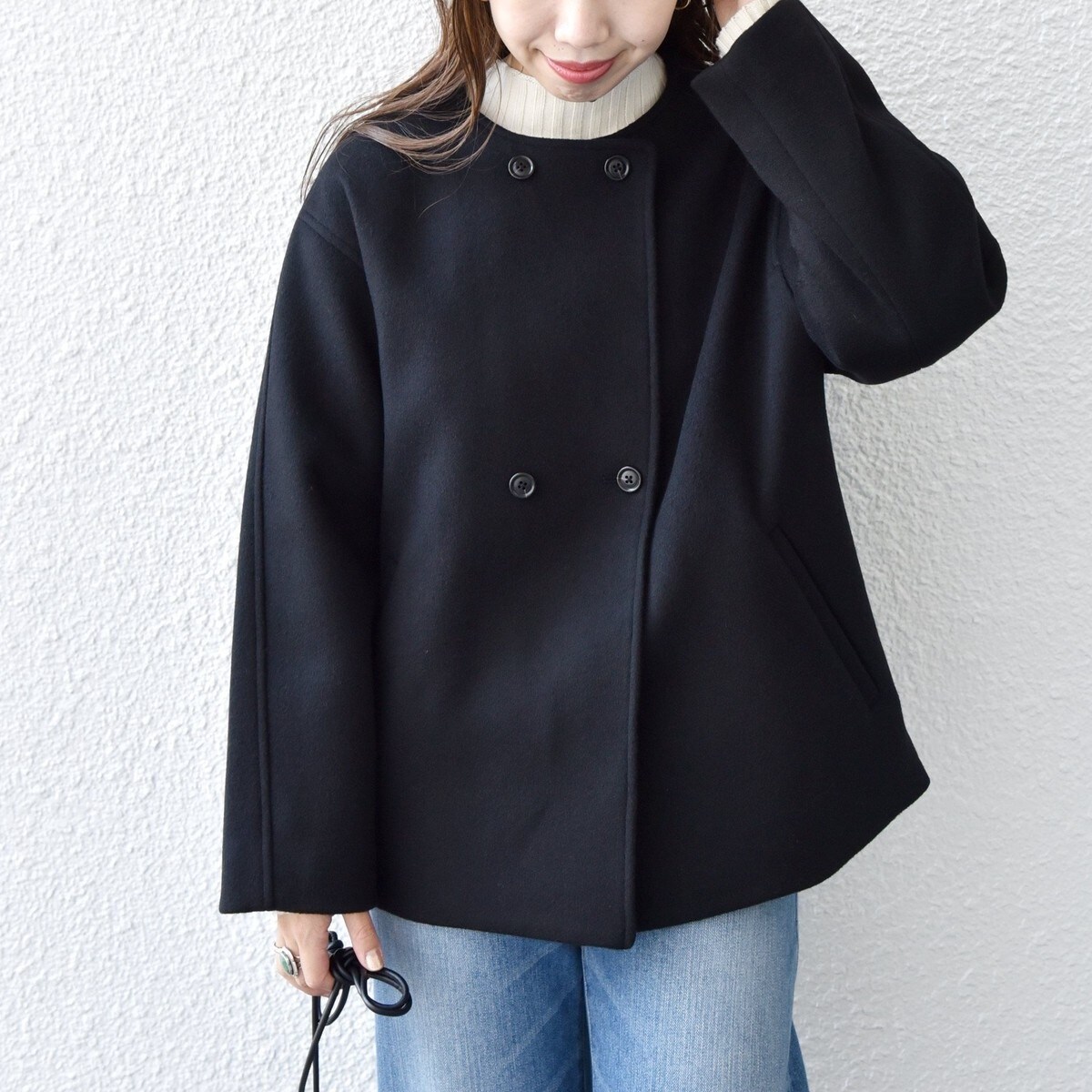 SHIPS any: ノンミュールジングウール ノーカラー ショート コート