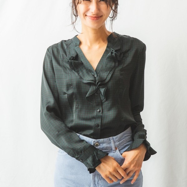 サテン幾何プリントフリル長袖ブラウス | ナラカミーチェ(NARACAMICIE