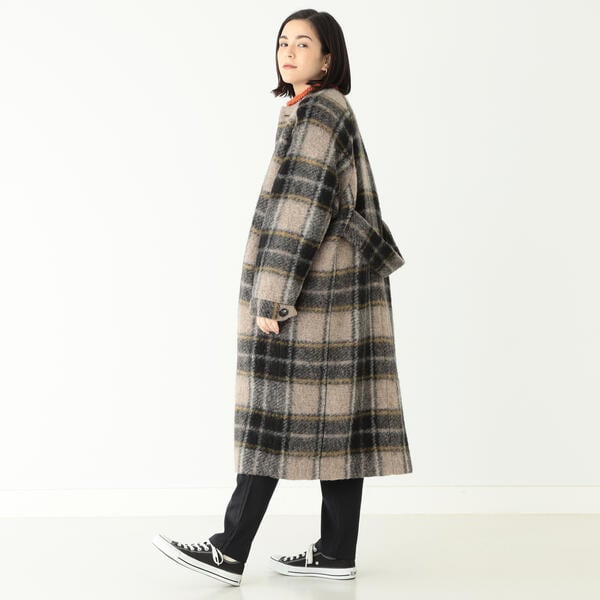 BEAMS BOY ／ スライバー タータンチェック ノーカラー コート