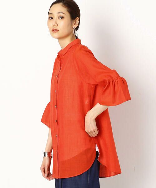 セール】 【ウォッシャブル】竹シャンブレー 袖フレアブラウス