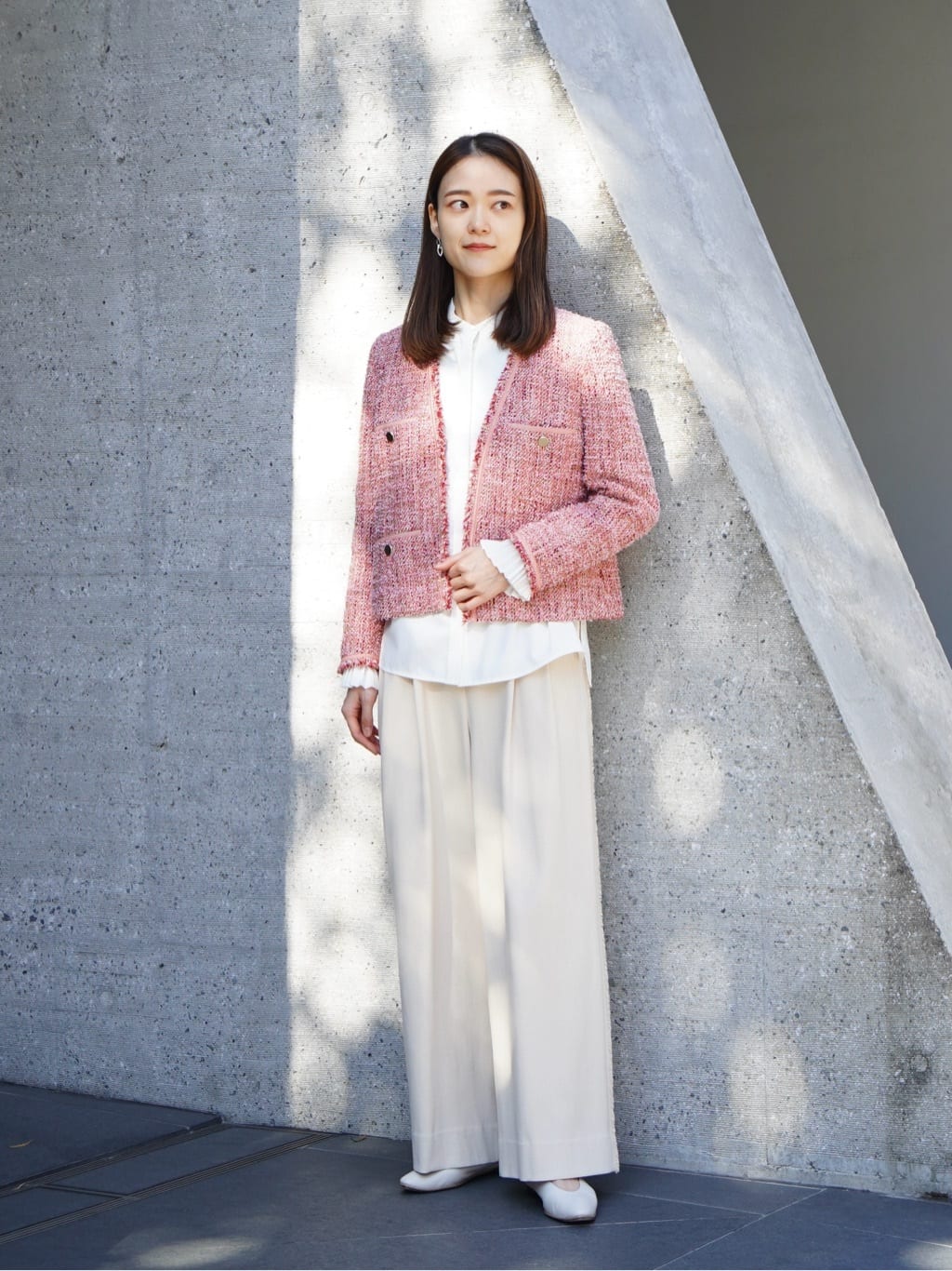 セール】 スラリットヤーンツイード Vカラージャケット （ノーカラー