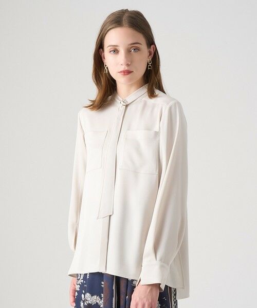 セール】 【セットアップ対応商品】ストレッチサテンタイ付き ブラウス