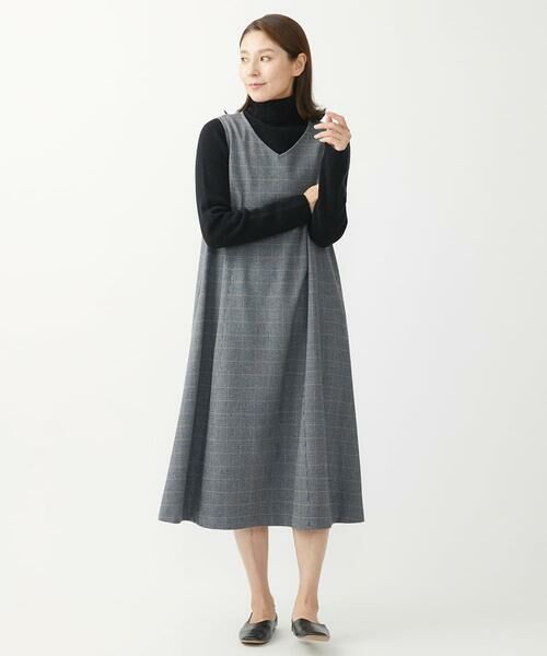 セール】 [日本製]ガンクラブチェック柄ストレッチワンピース （ロング