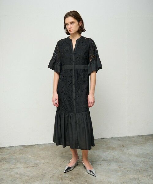 セール】 ヤシ柄カットワークワンピース （ロング・マキシ丈ワンピース