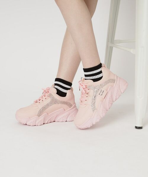 セール】 厚底ソールレースアップ グリッターラインスニーカー