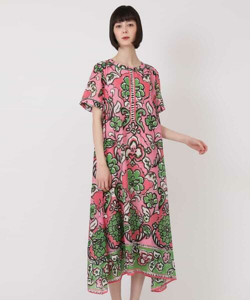 セール】 エスニックフラワープリントワンピース /洗える （ロング