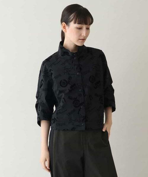 セール】 フロッキープリントデザインブラウス/日本製/洗える （シャツ