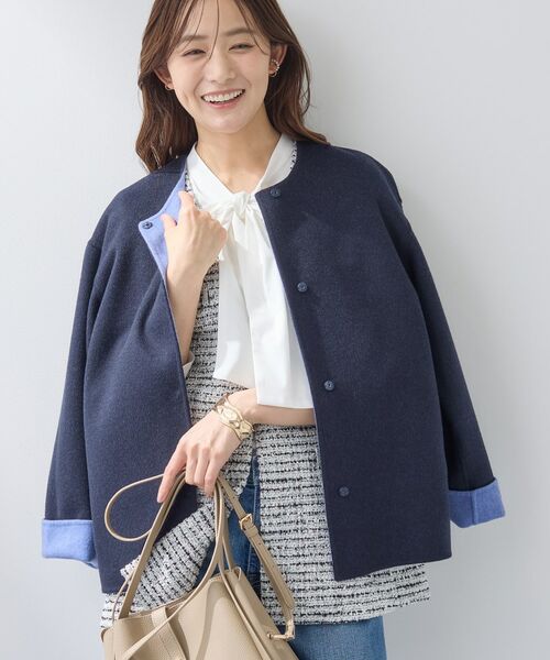 セール】 【配色デザイン／ショート丈】ウールリバー ノーカラーコート