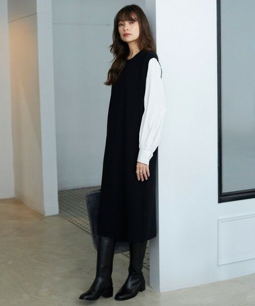 セール】 【洗える】クロスコンビ シャツドッキング ニットワンピース