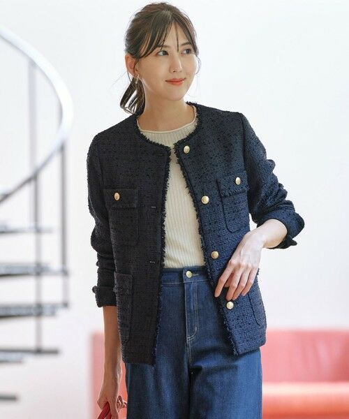 ツイードノーカラーミドル ジャケット （ノーカラージャケット）｜L