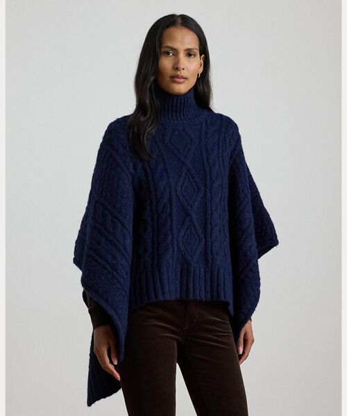 セール】 ボタントリム ケーブルニット モックネック ポンチョ