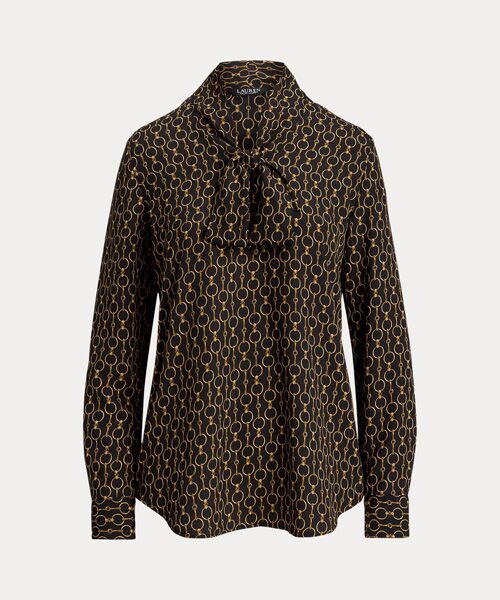 セール】 チェーンプリント クレープ タイネック ブラウス （シャツ