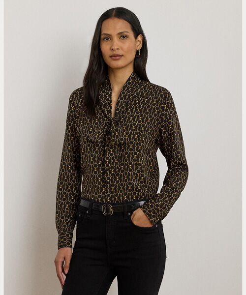 セール】 チェーンプリント クレープ タイネック ブラウス （シャツ