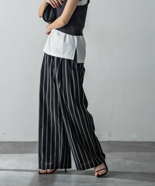 セール】 ストライプサイドベルトワイドパンツ≪洗濯機で洗える