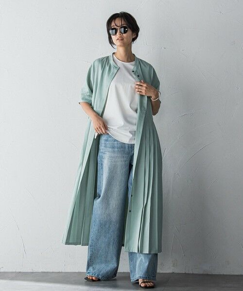 セール】 5分袖サイドプリーツシャツワンピース≪手洗い可能