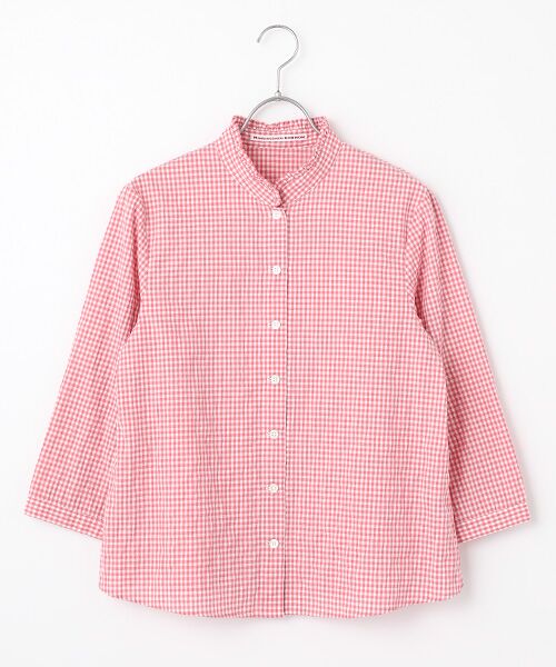 セール】 シャーリング スタンドフリルチェックブラウス （シャツ