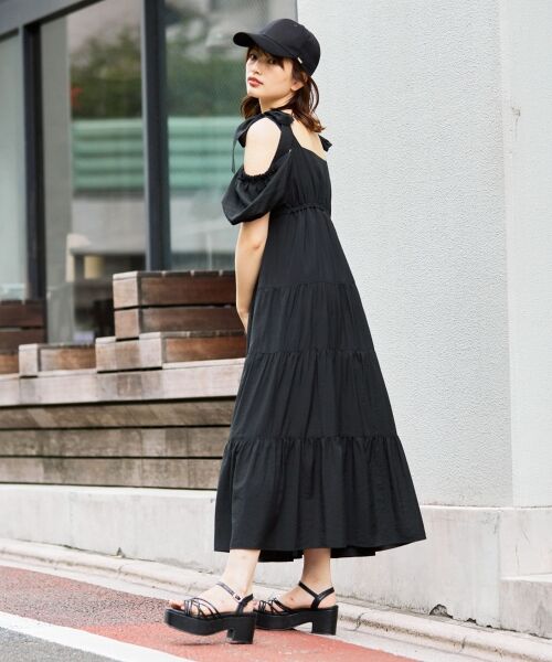 セール】 2way肩リボンティアードワンピース （ロング・マキシ丈