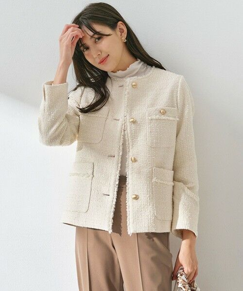 ツイードノーカラーミドル ジャケット （ノーカラージャケット）｜S