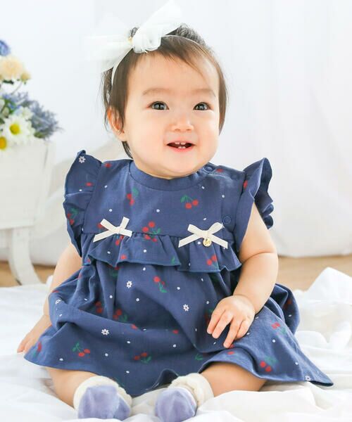 セール】 【お揃い】チェリー総柄ワンピース型ロンパースベビー(60