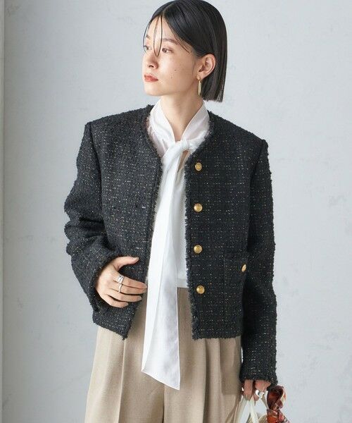 セール】 GIOLICA: ツイード ノーカラー ジャケット （ノーカラー