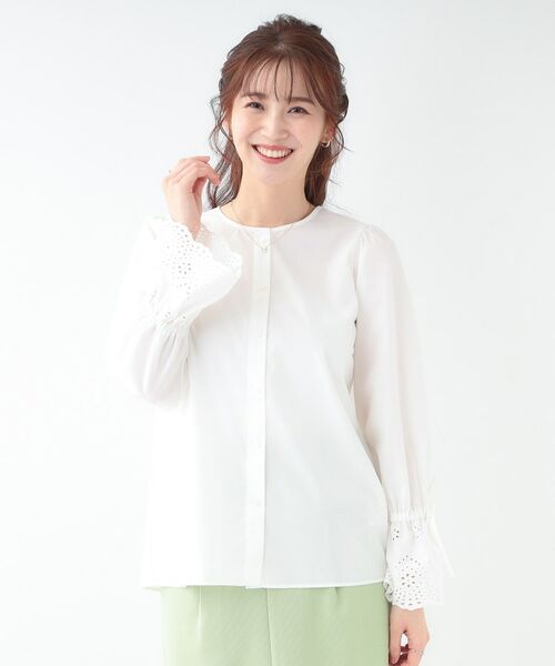 S-LL/前後2WAY/洗濯後しわになりにくい】お袖刺繍レースブラウス