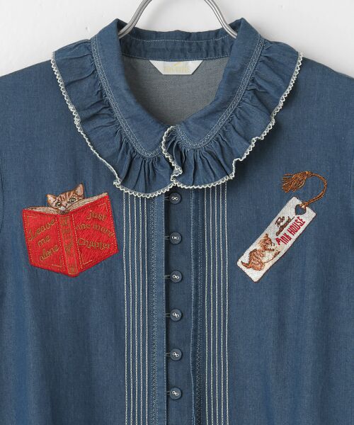 セール】 書斎の猫たち刺繍入りデニムワンピース （ロング・マキシ丈