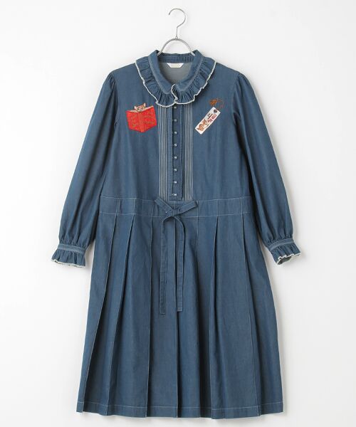セール】 書斎の猫たち刺繍入りデニムワンピース （ロング・マキシ丈