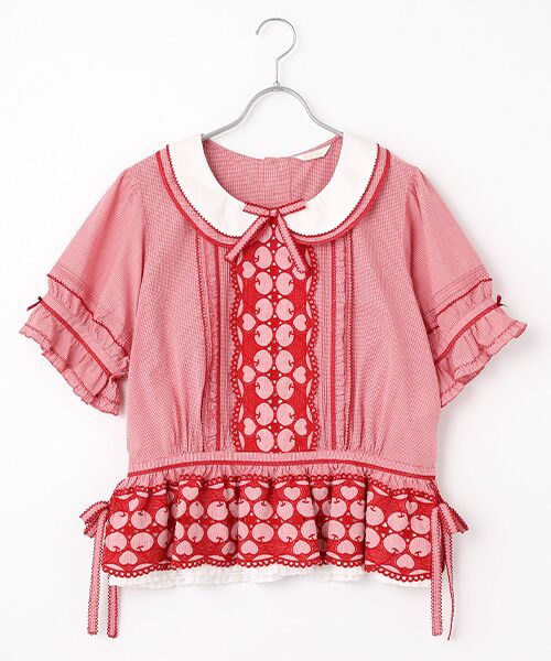 チェリーレース使いギンガムチェックブラウス （シャツ・ブラウス