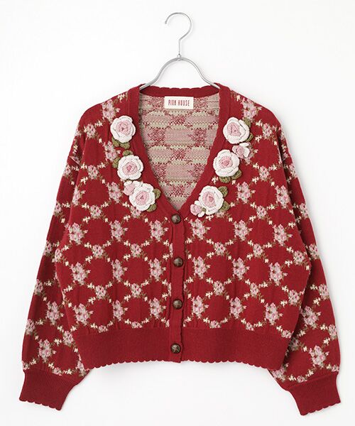 セール】 ローズモチーフ使いジャガードニットカーディガン