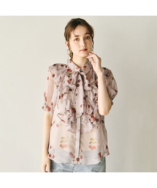 セール】 チェリープリントリボン付きブラウス （シャツ・ブラウス