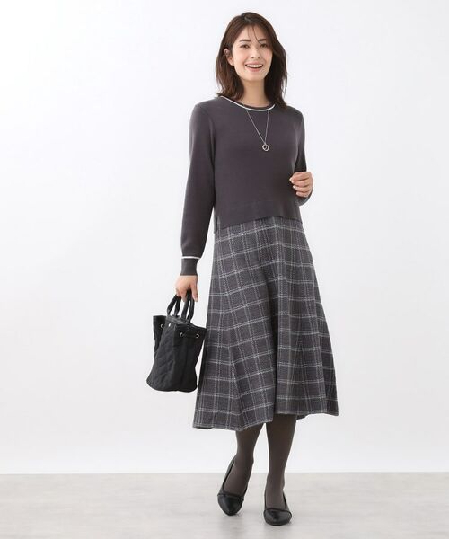 コートインでもすっきり◎】チェック柄ニットドッキングワンピース