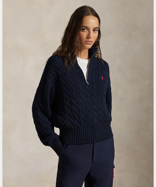 ケーブルニット コットン クォータージップ セーター （ニット