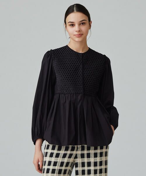 セール】 ブラックコンビネーション ペプラムブラウス （シャツ