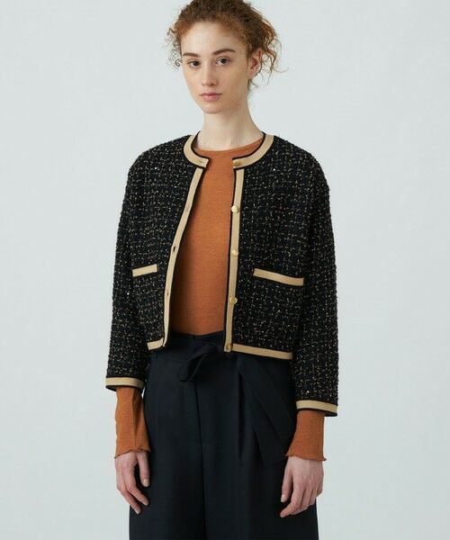 セール】 ニットコンビツイード クルーネックジャケット （ノーカラー