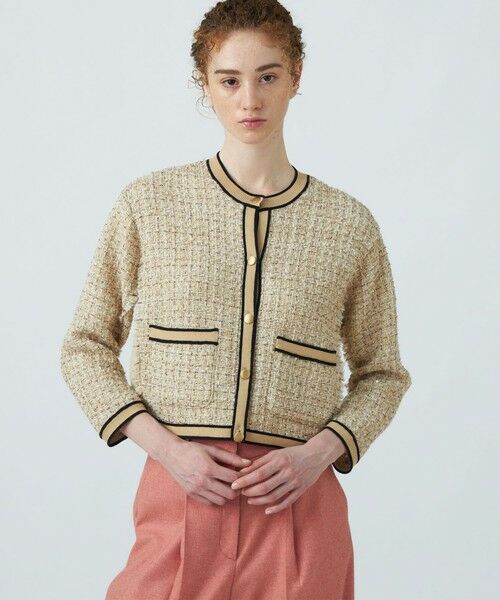 セール】 ニットコンビツイード クルーネックジャケット （ノーカラー